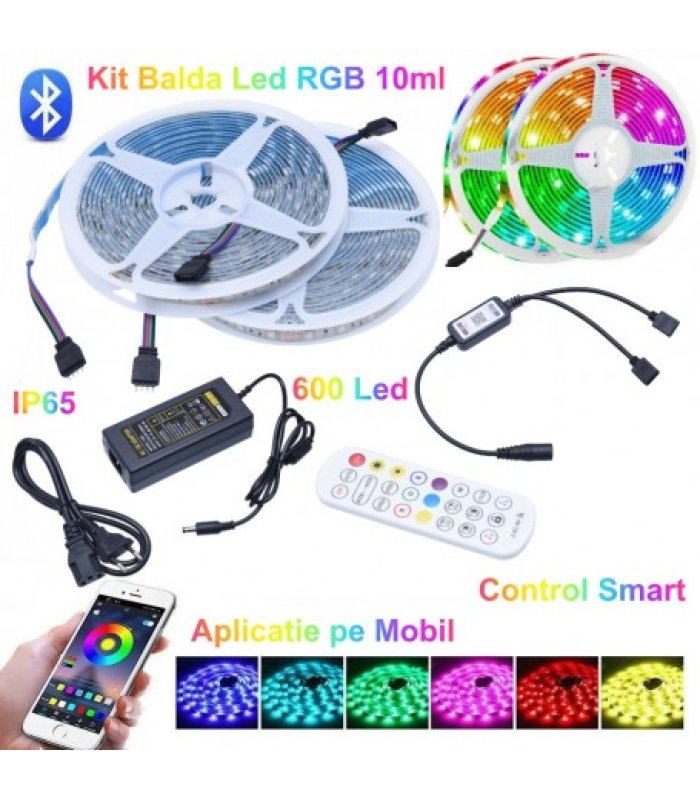 Kit Banda LED RGB 10M Cu Bluetooth Si Telecomanda